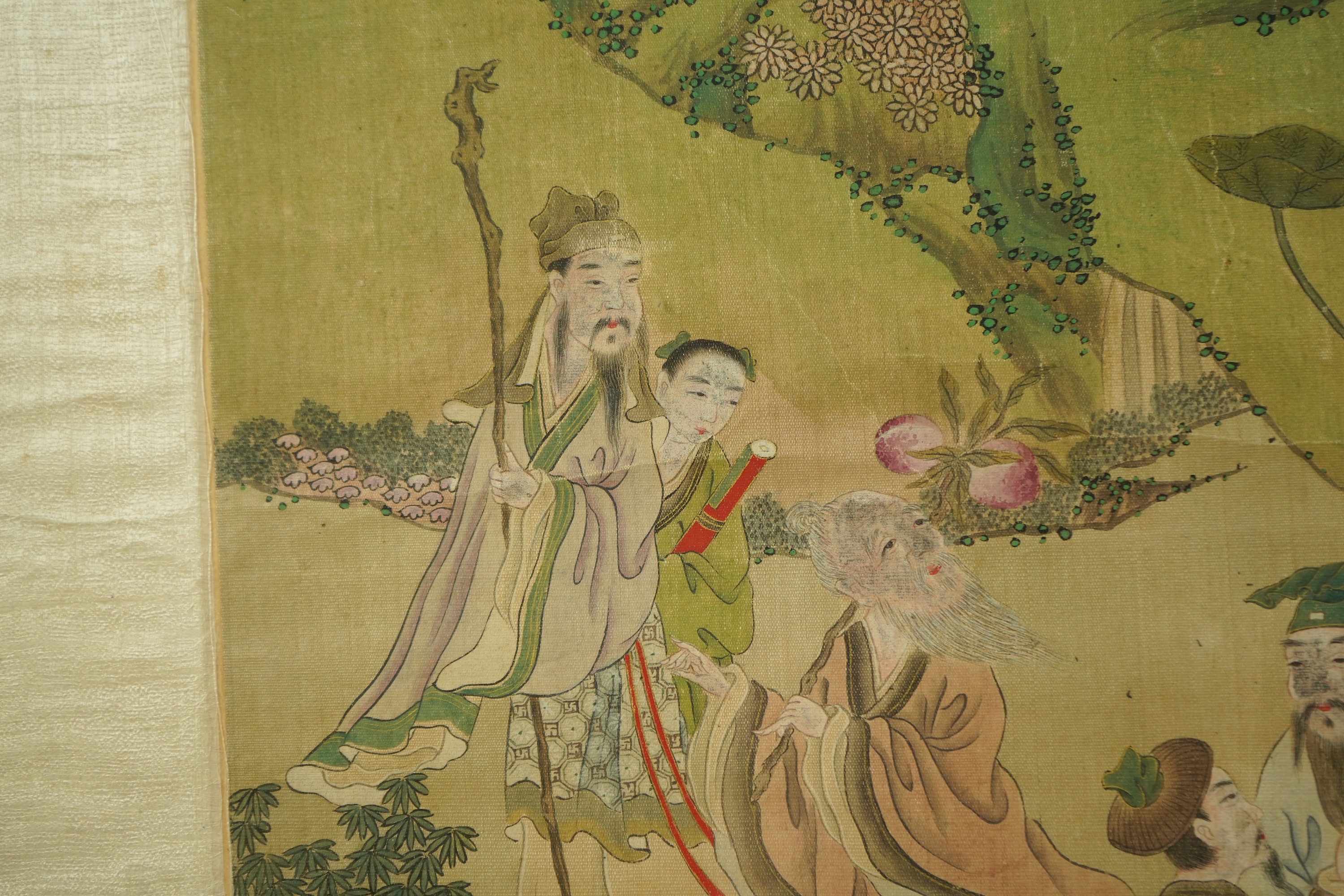 Chinese School , (late 19th century), Immortals in a landscape, Ink and colour on silk, 114.5cm x 40.5cm, excluding brocade border